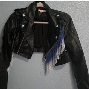 Dolls Kill Hot & Delicious Black Leather Jacket with Blue and White Fringe